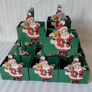 Lot Of 12 Christmas Green Santa Claus Wooden Baskets Caddies